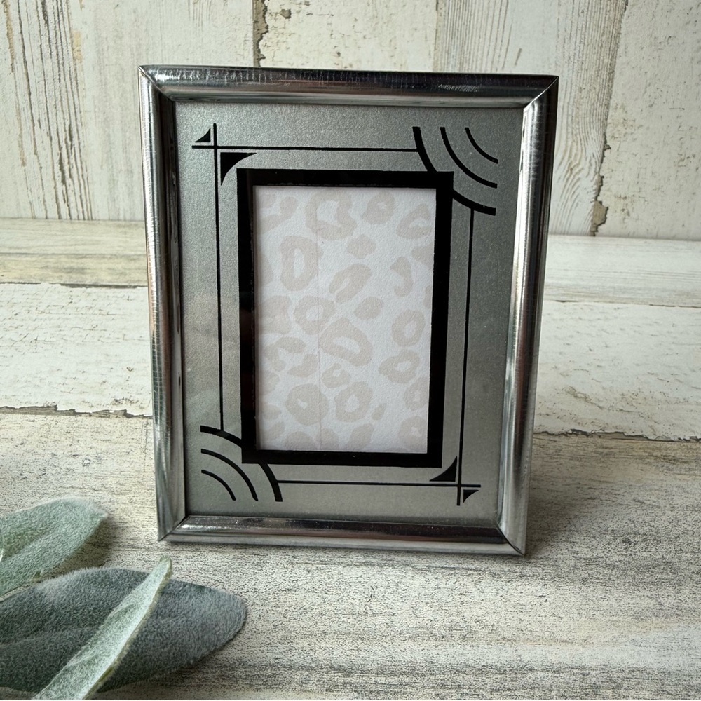 Antique Art Deco Reverse Painted Glass Picture Frame Silver & Black Geometric